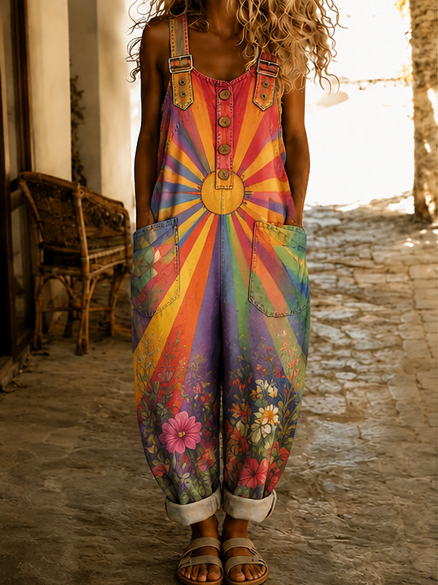 Women's Retro Pride Month Rainbow Art Print Washed Cotton Denim Patchwork Jumpsuit