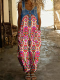 Women's Boho Color Art Print Washed Cotton Denim Patchwork Jumpsuit