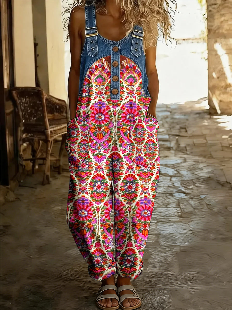 Women's Boho Color Art Print Washed Cotton Denim Patchwork Jumpsuit