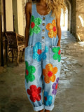 Women's Boho Color Art Print Washed Cotton Denim Patchwork Jumpsuit