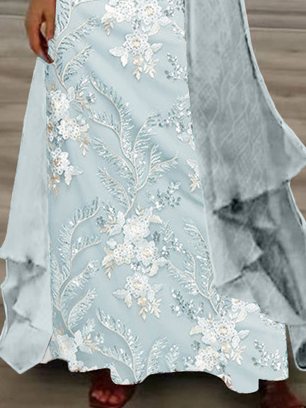 Women's Long Sleeve V-neck Floral Printed Two Pieces Maxi Dress