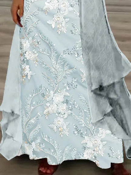 Women's Long Sleeve V-neck Floral Printed Two Pieces Maxi Dress