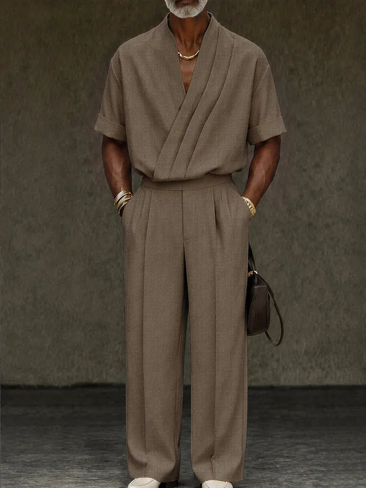 Contemporary Pleated Cross Placket Shirt Pants Set