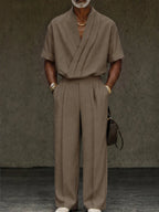 Contemporary Pleated Cross Placket Shirt Pants Set