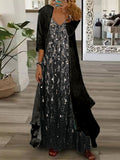 Nextmacys-Women's Long Sleeve V-neck Graphic Printed Two Pieces Maxi Dress