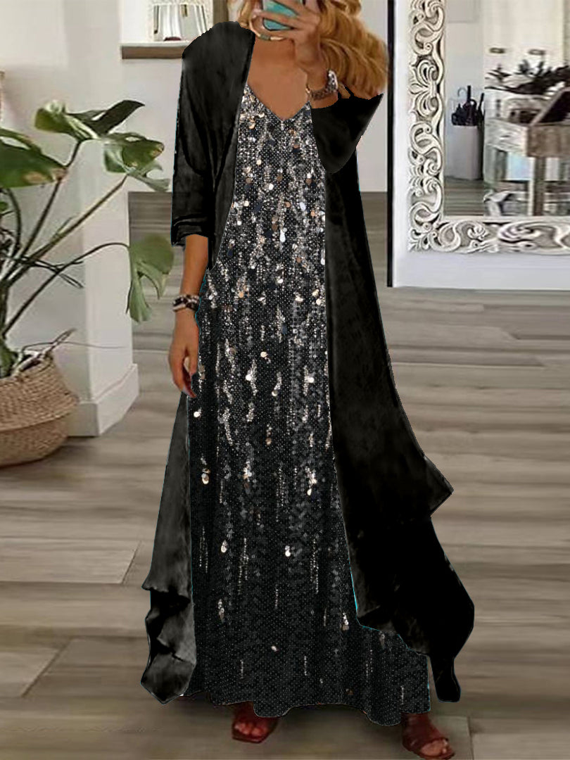 Nextmacys-Women's Long Sleeve V-neck Graphic Printed Two Pieces Maxi Dress