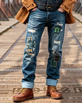 Vintage Indigo Blue Patchwork Embroidered Distressed Straight©\Leg Denim Jeans