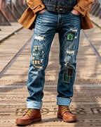 Vintage Indigo Blue Patchwork Embroidered Distressed Straight©\Leg Denim Jeans