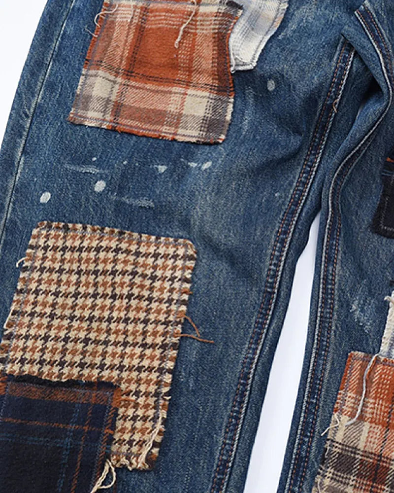 Vintage Denim Multi©\Plaid©\Patchwork Tapered Jeans