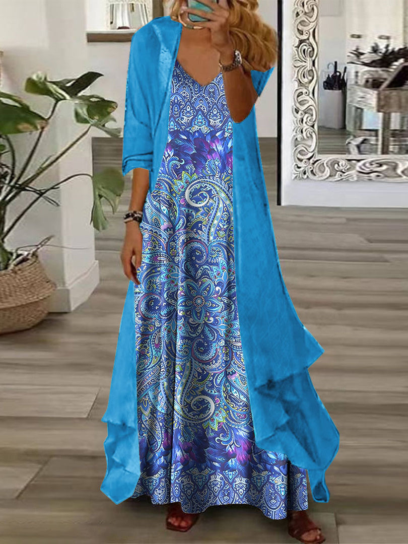 Women's Long Sleeve V-neck Floral Printed Two Pieces Maxi Dress
