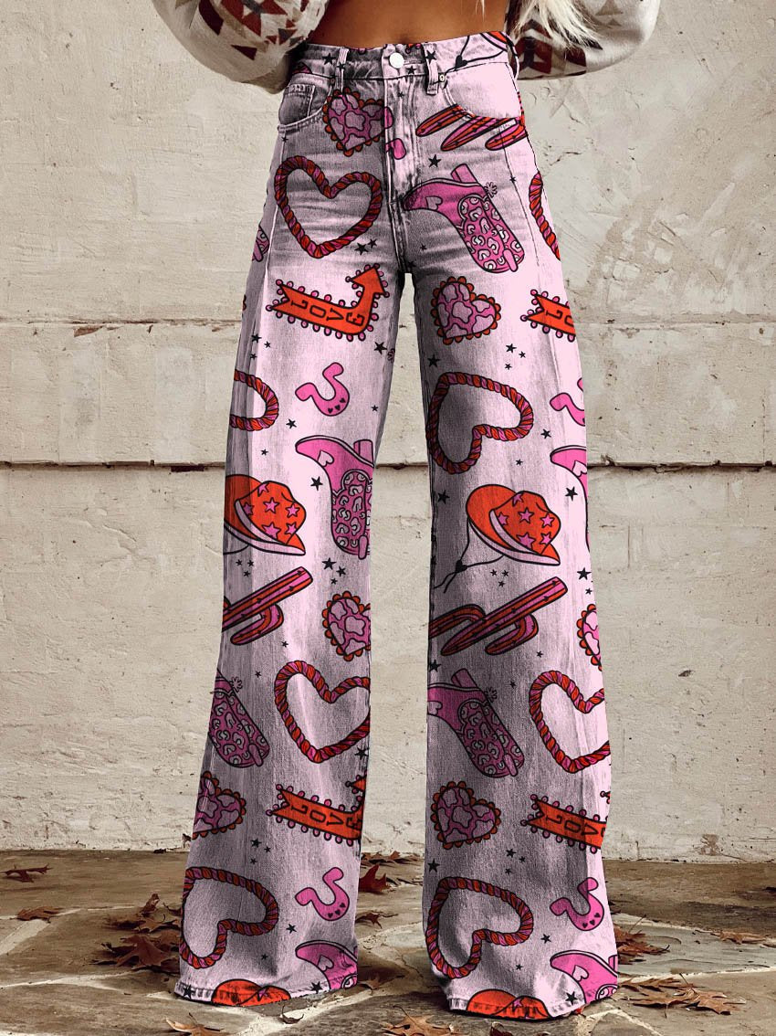 Women's Cowgirl Race Print Casual Wide Leg Pants