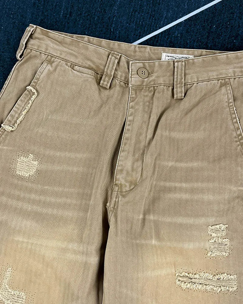 Vintage Khaki Herringbone Twill Straight Military Trousers