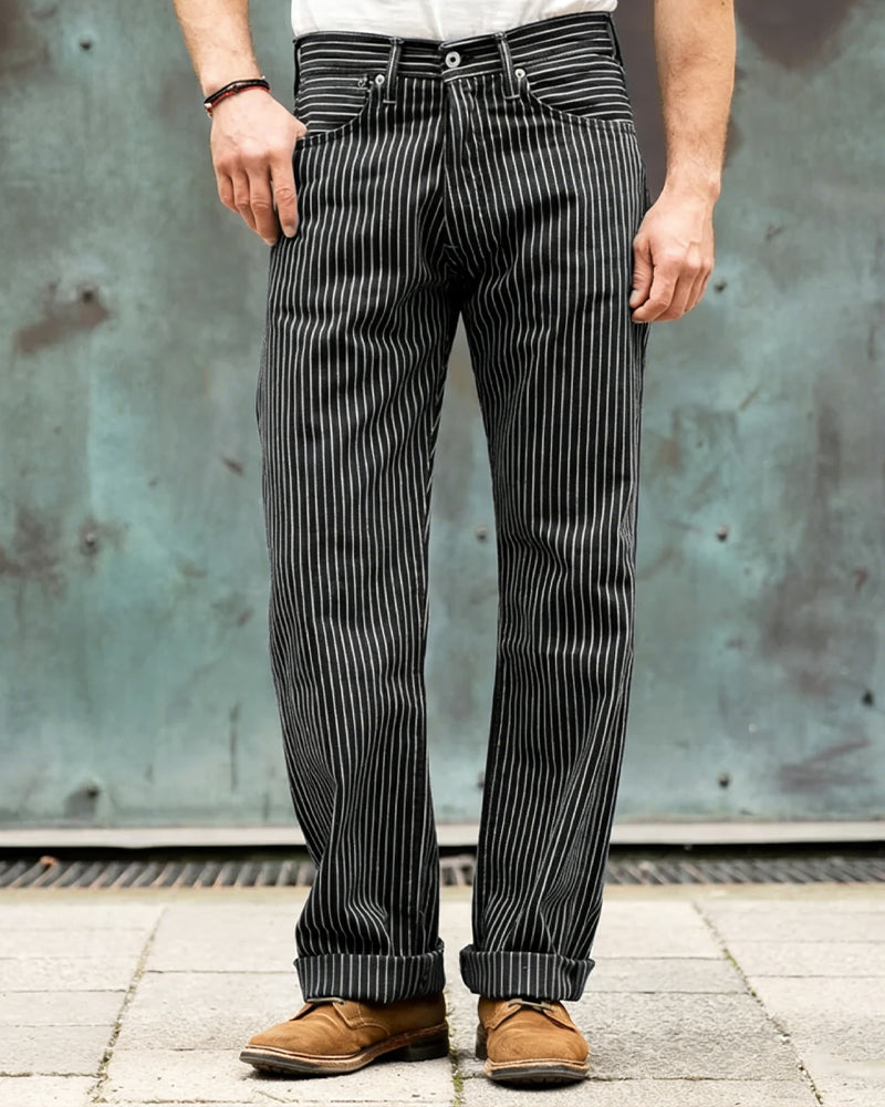 Retro Black Striped Straight Leg Jeans
