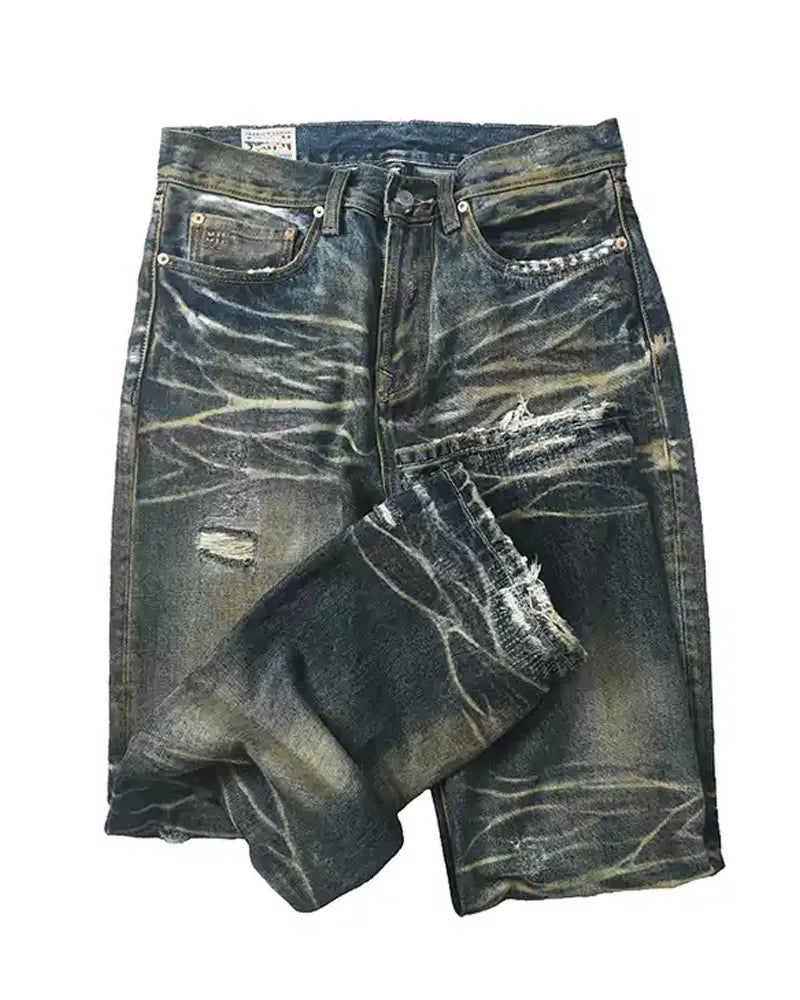 Vintage Yellow Mud Washed Distressed Jeans