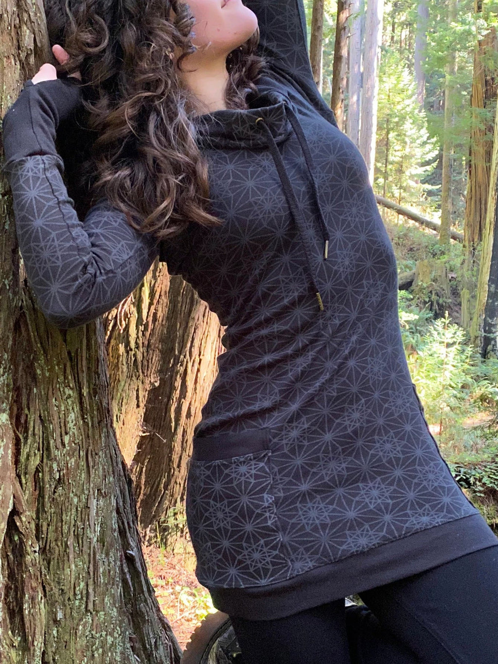 Fitted Sacred Geometry Cowl Hood Long Sleeve Mini Dress with Pockets and Thumbhole Cuffs