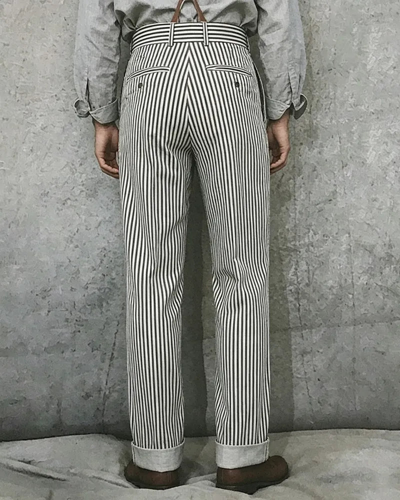 Vintage Black©\White Railroad©\Stripe High©\Waist Pleated Wide©\Leg Trousers