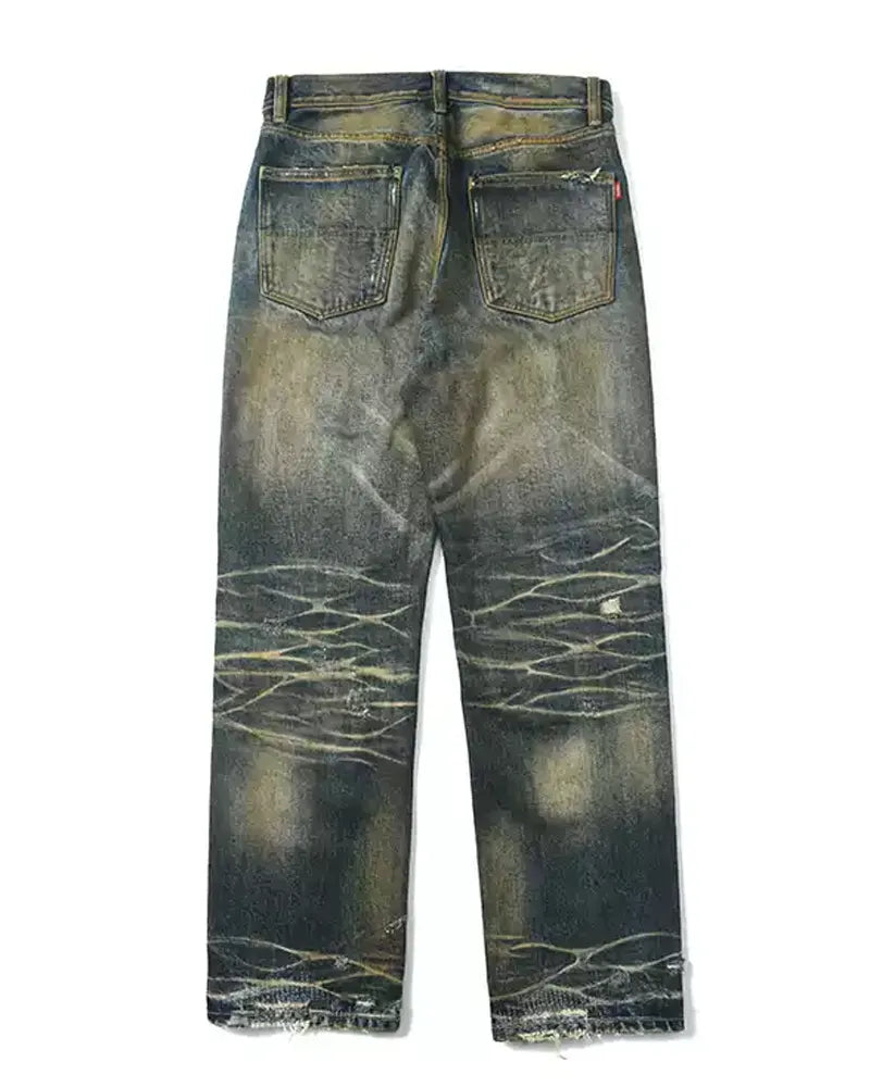 Vintage Yellow Mud Washed Distressed Jeans