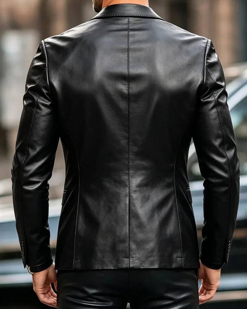 Retro Slim Fit Black PU Leather Blazer