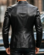 Retro Slim Fit Black PU Leather Blazer