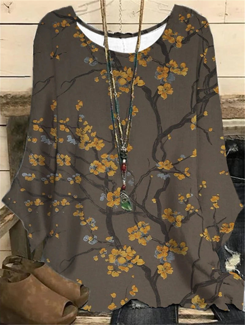 Elegant Loose Long Sleeve Pullover Flower Printing T-shirt