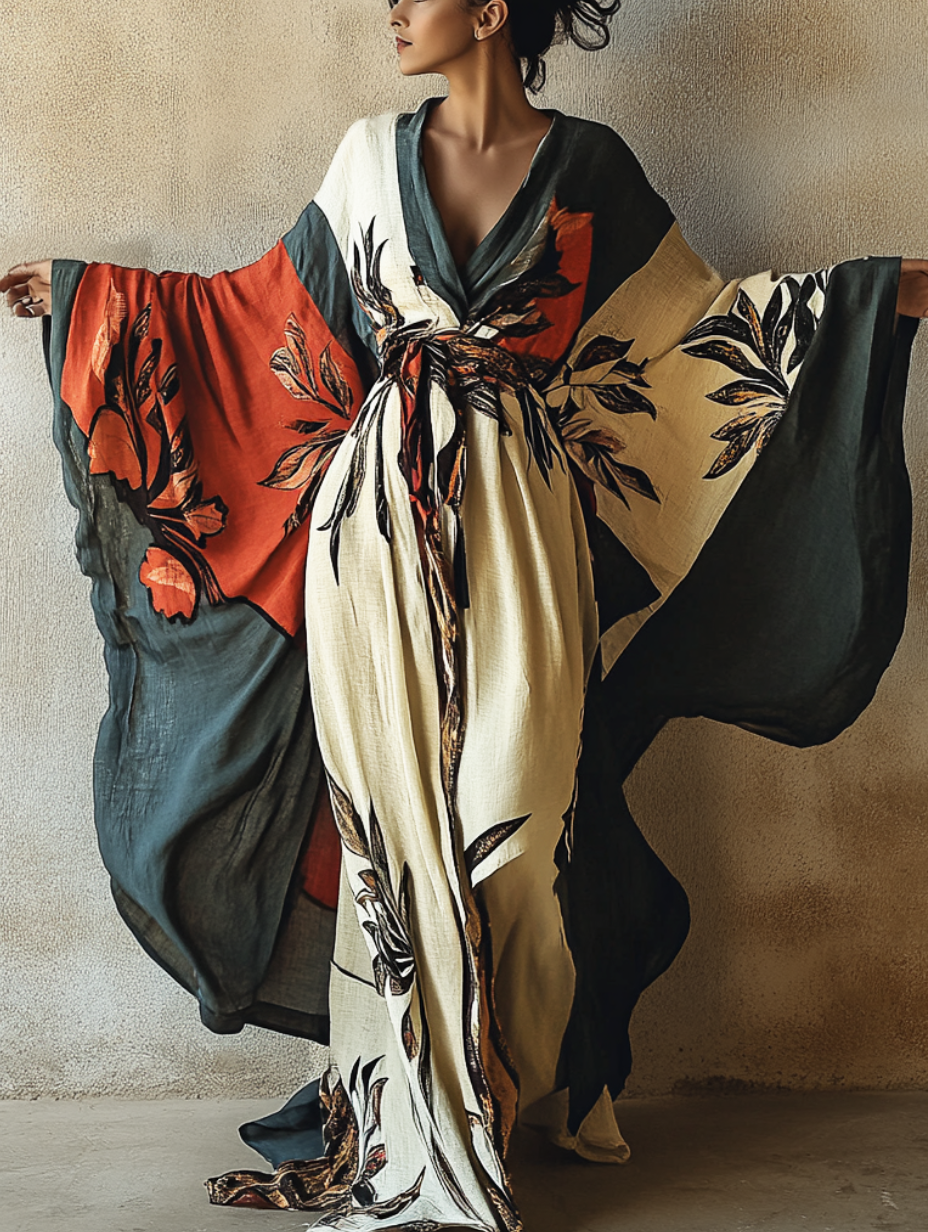 Women's Green and Red Printed Kimono Linen Robe (Including Belt)