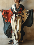 Women's Green and Red Printed Kimono Linen Robe (Including Belt)