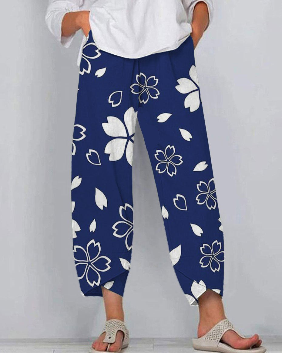 Japanese Art White Flowers Casual Pants
