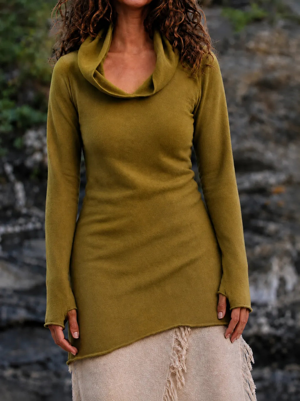 Draped Cowl Neck Longline Knitwear Top