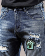 Vintage Indigo Blue Patchwork Embroidered Distressed Straight©\Leg Denim Jeans