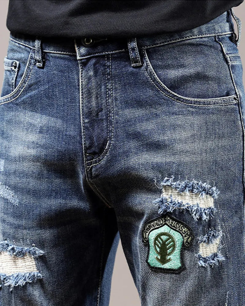 Vintage Indigo Blue Patchwork Embroidered Distressed Straight©\Leg Denim Jeans