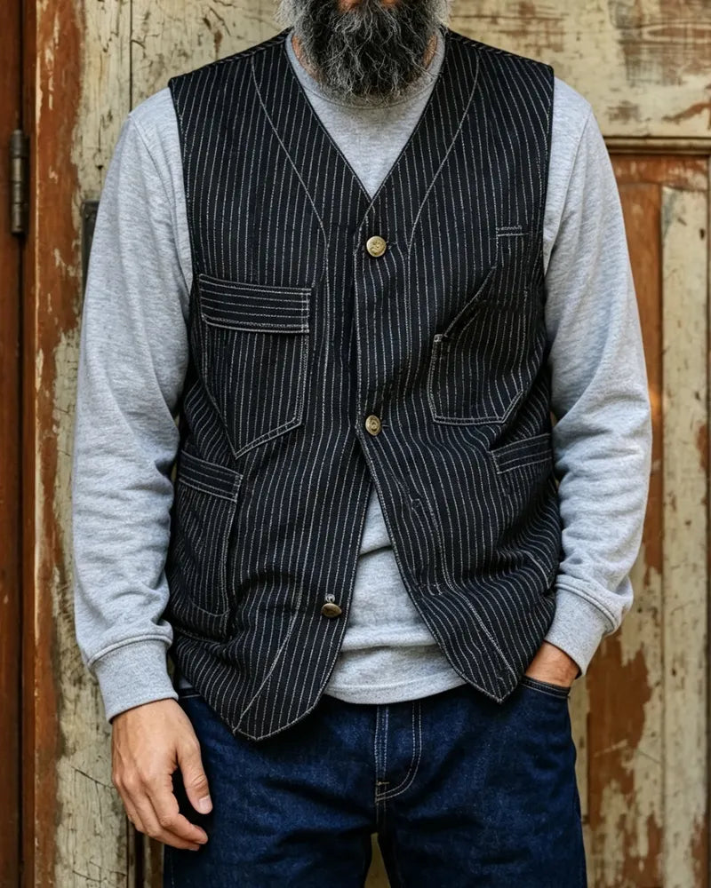 Vintage Black Wabash Stripe Multi©\Pocket Utility Cargo Vest