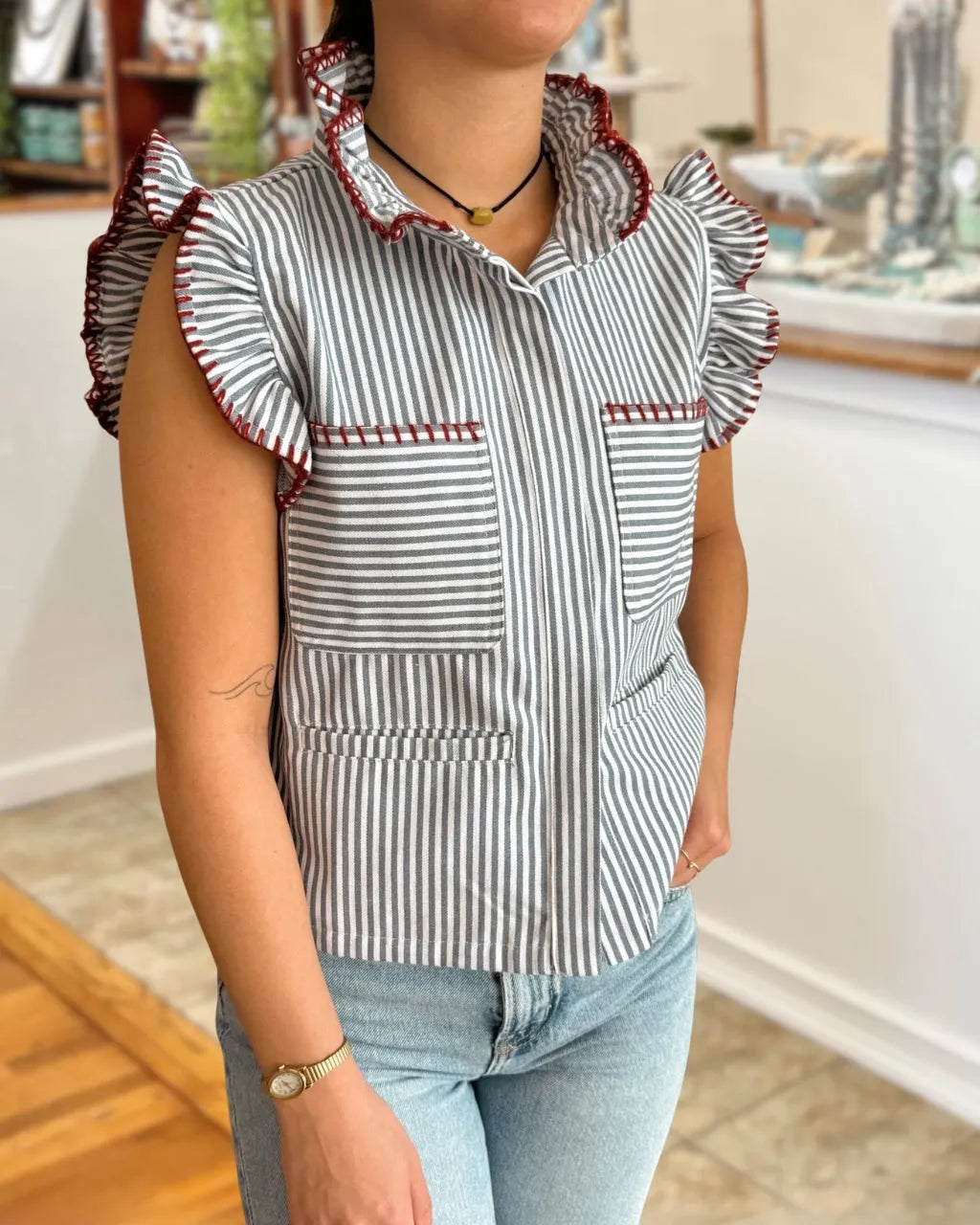 Pinstripe Ruffle Blouse