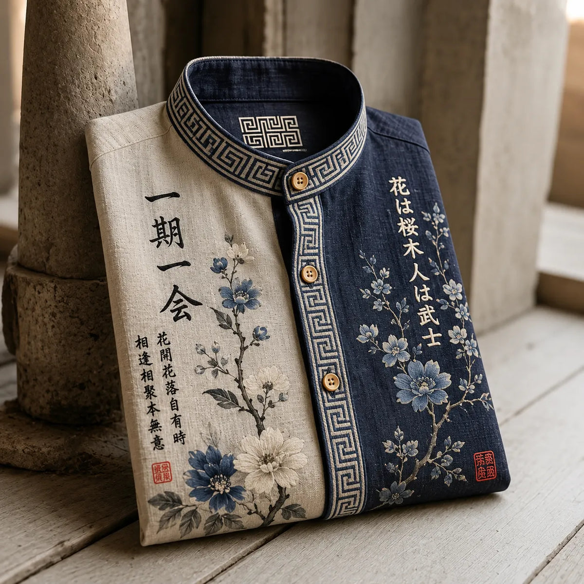 Men's Retro Floral Calligraphy Oriental Style Print Casual Stand Collar Shirt
