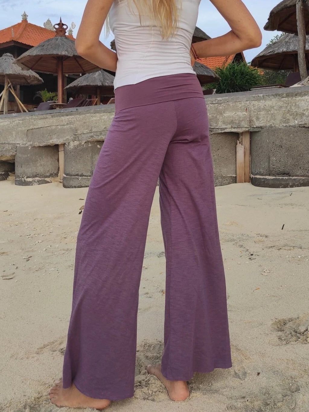 Wide Legs Relaxed Fit Pants, Fold Over Band Yoga Pants