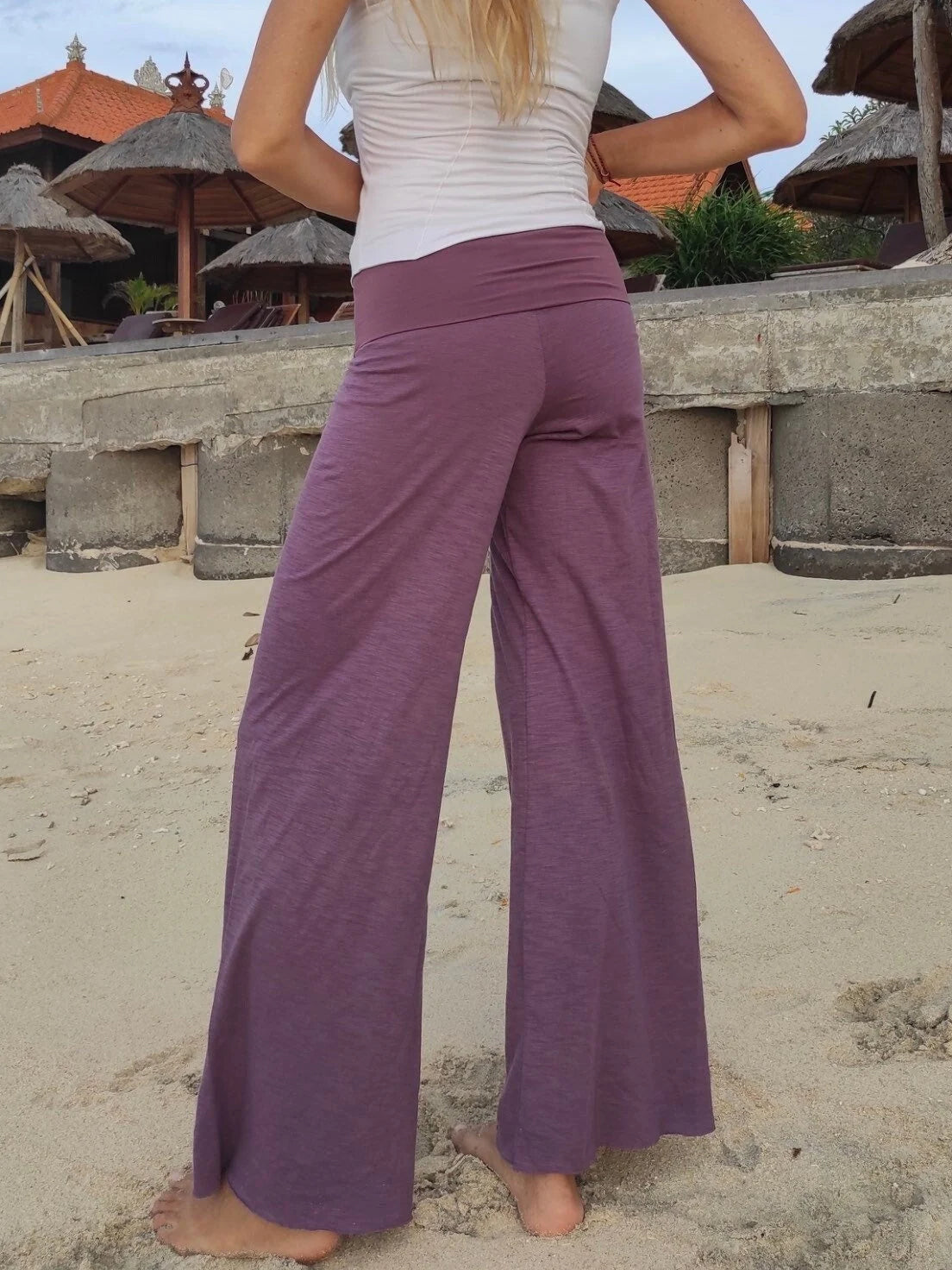 Wide Legs Relaxed Fit Pants, Fold Over Band Yoga Pants