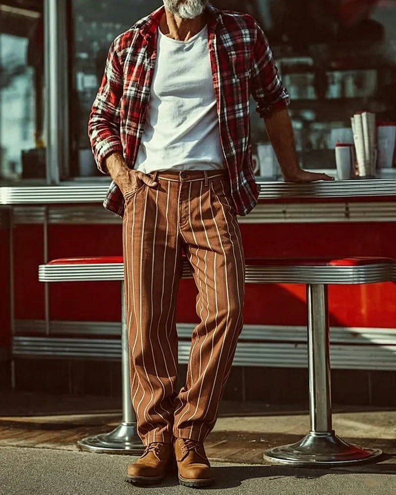 Vintage Brown Off©\White Vertical Pinstripe Wide©\Leg Trousers