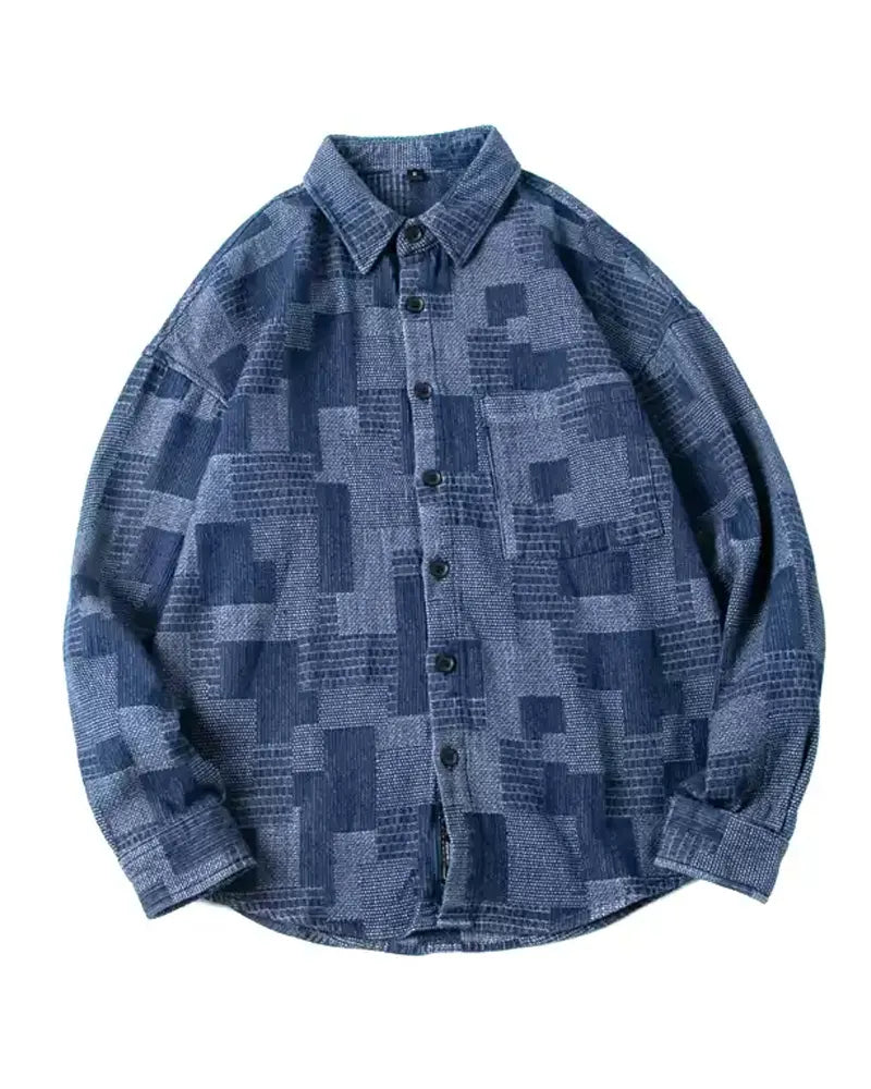 Vintage Geometric Patchwork Jacquard Oversized Long Sleeve Shirt