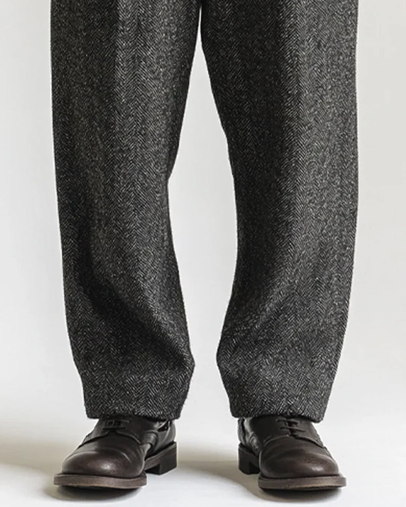 Retro-style Blended Double-pleated Straight-leg Trousers