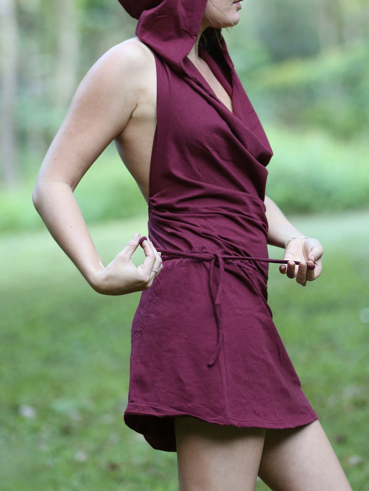 Pixie Hood Mini Dress, Backless Natural Stretch Rave Outfit, Festival Psytrance Elven Hippie Style