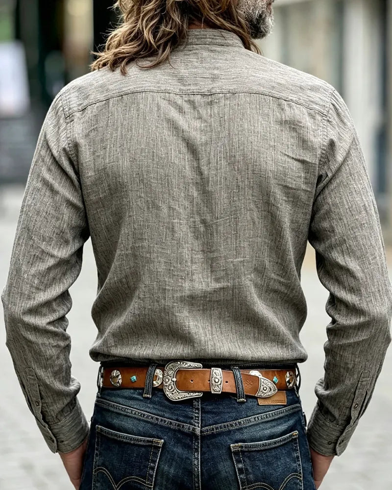 Vintage Slub Linen Blend Mandarin Collar Long Sleeve Shirt