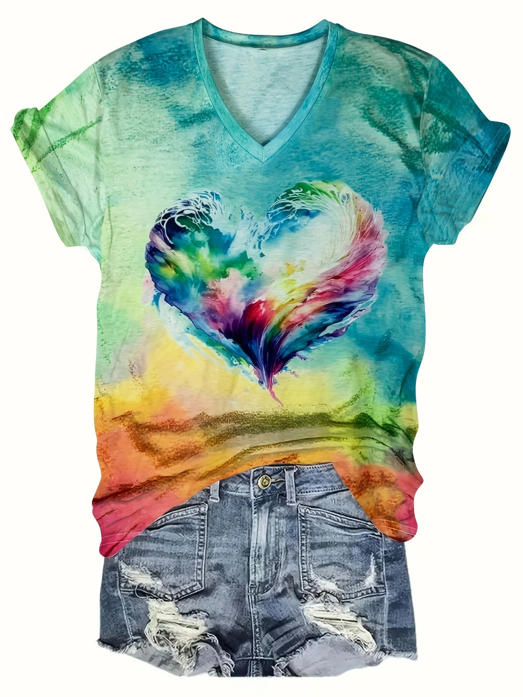 Heart Print V Neck T-Shirt, Casual Short Sleeve T-Shirt For Summer, Women's Clothing