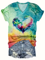 Heart Print V Neck T-Shirt, Casual Short Sleeve T-Shirt For Summer, Women's Clothing