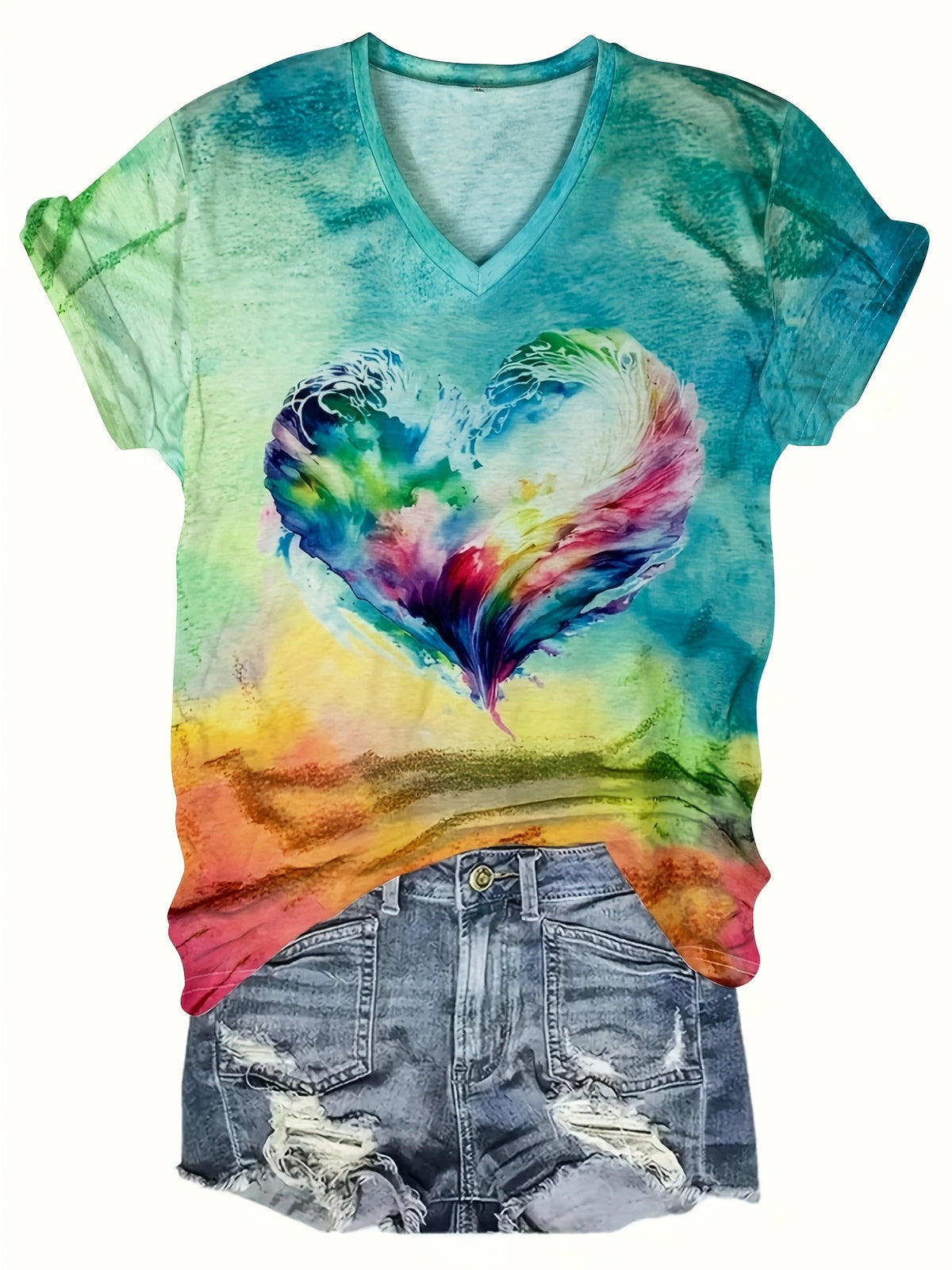 Heart Print V Neck T-Shirt, Casual Short Sleeve T-Shirt For Summer, Women's Clothing