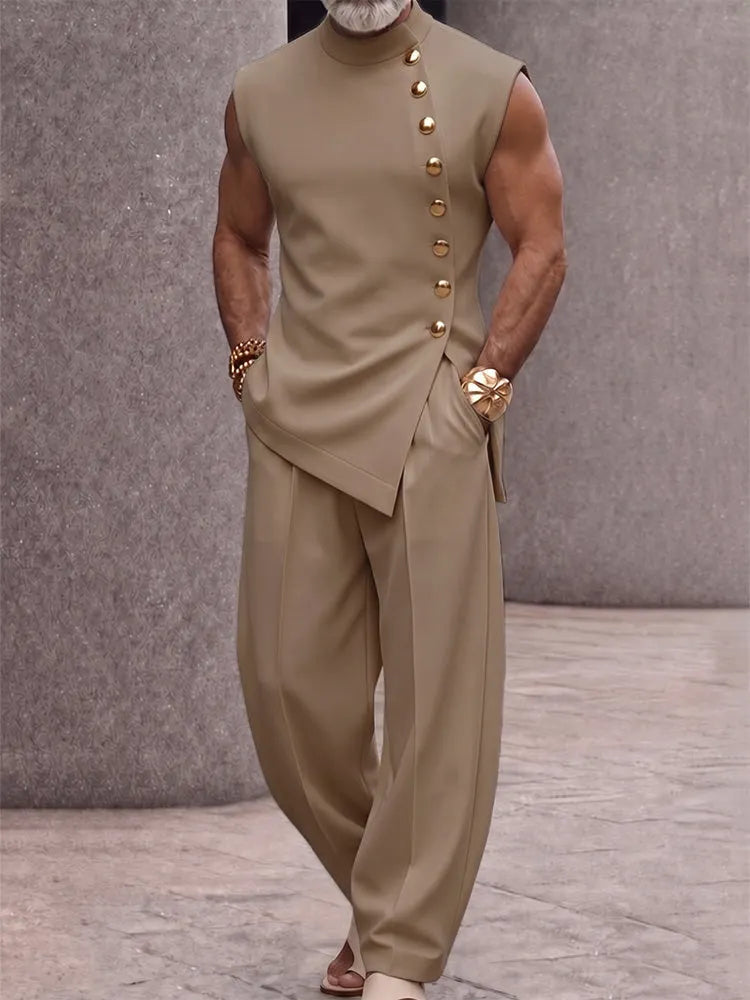 Refined Button Design Sleeveless Top and Pants Set