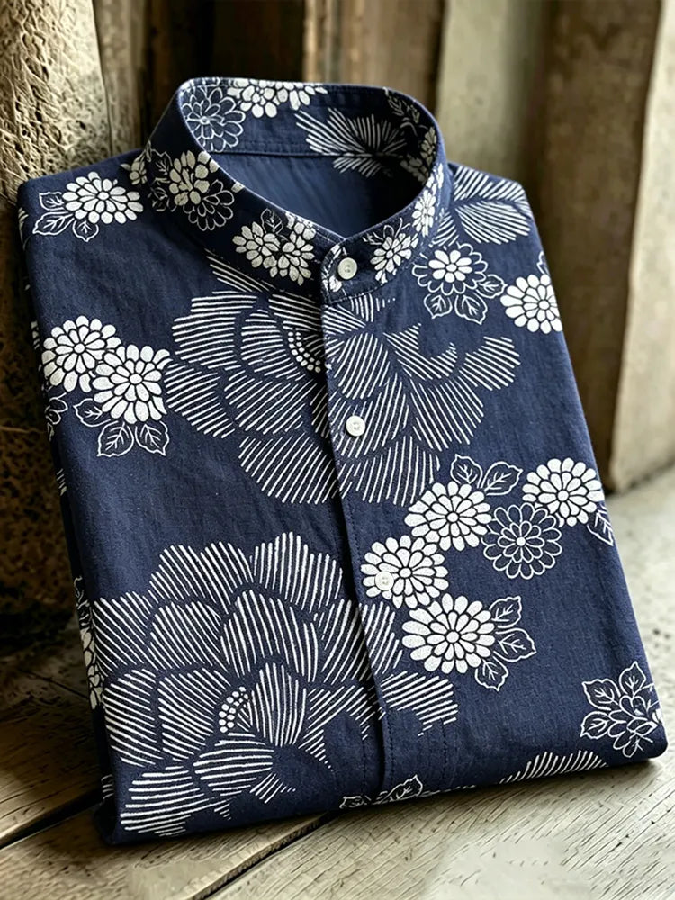 Vintage Floral Pattern Design Casual Linen Shirt