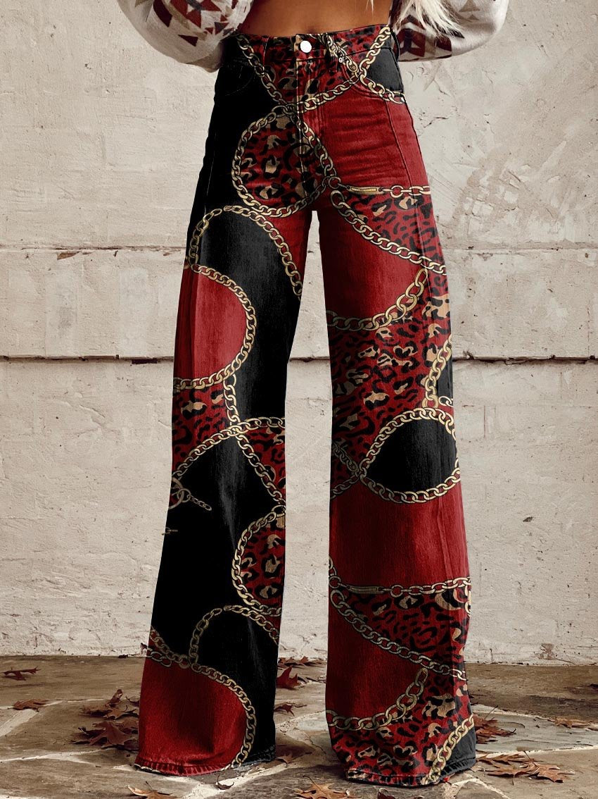Women's Red and Black Chain Print Casual Wide Leg Pants