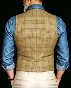 Vintage Tan©\Beige Glen©\Plaid Notched©\Lapel Vest