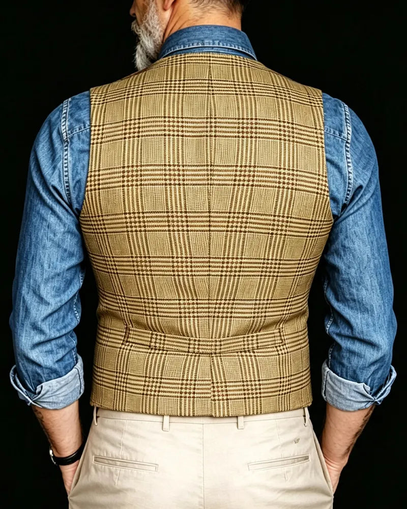 Vintage Tan©\Beige Glen©\Plaid Notched©\Lapel Vest