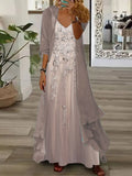 Nextmacys-Women's Long Sleeve V-neck Floral Printed Two Pieces Maxi Dress