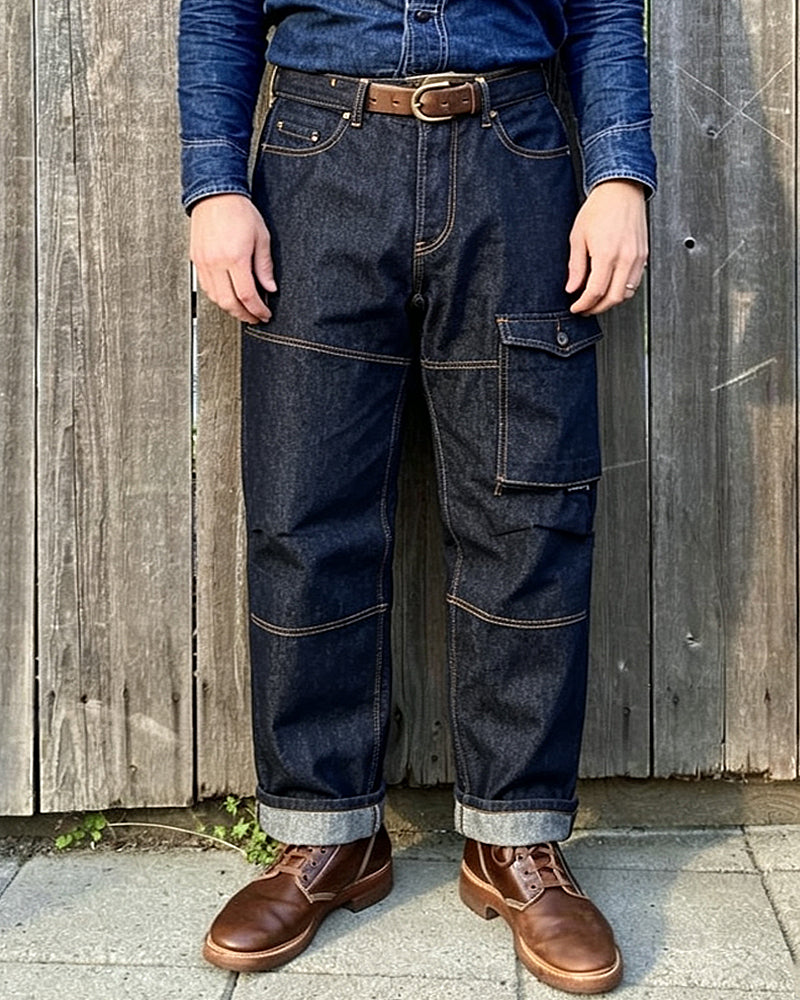 Vintage Raw Indigo Multi-Panel Cargo Straight Leg Denim Jeans